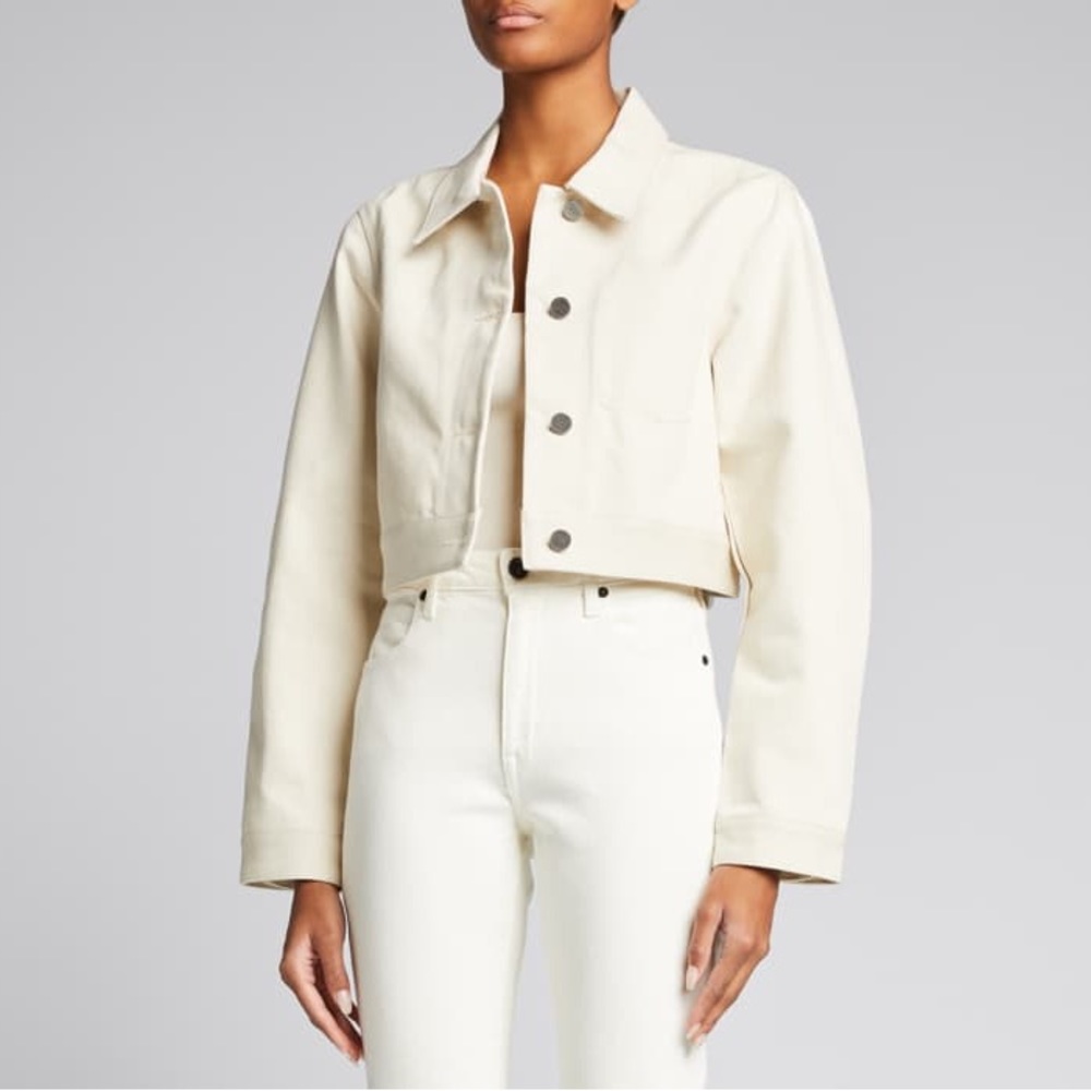 Deveaux New York Vera Crop Denim Jacket Boxy Cotton Button Front In Ivory Size M